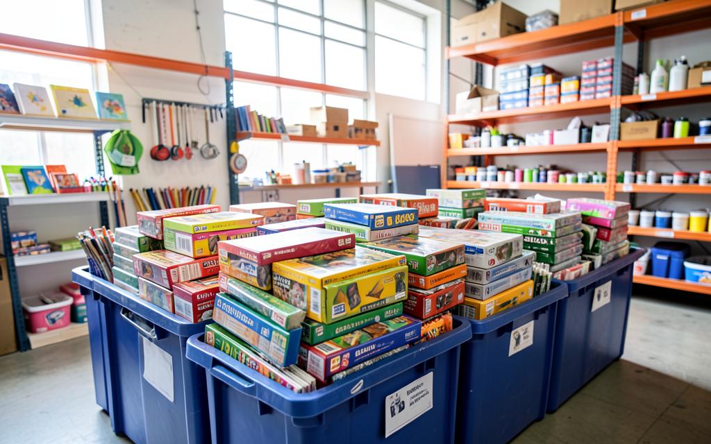 Craft paint sets and art materials stacked in tidy warehouse totes
