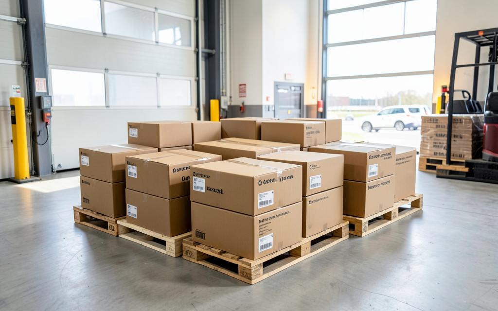 Palletized mixed closeout cardboard boxes in a loading bay