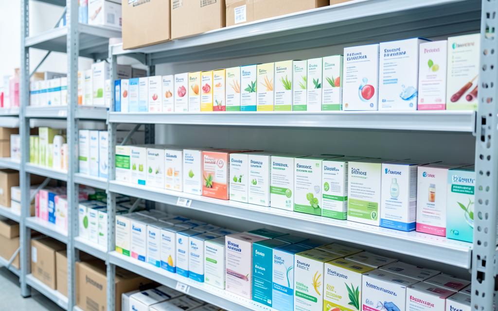 Health and beauty product cartons organized on a clean warehouse shelf