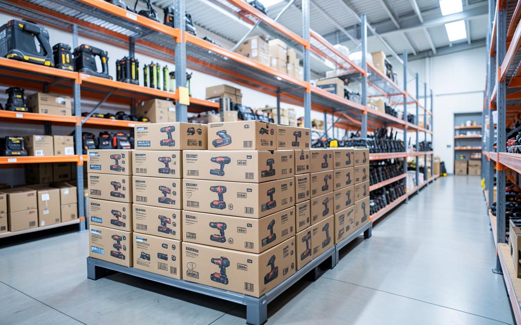 Cordless power tool boxed inventory stacked on warehouse shelving